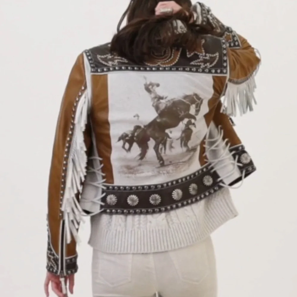Double D Ranch Leather fringe Jacket studded bucking horse cowgirl RTL $1395 NWT - Picture 4 of 15
